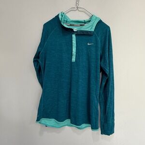 Nike Running Dri-FIT Wool Blend Hoodie Teal Aqua Snap Neck 619918-483 Womens XL